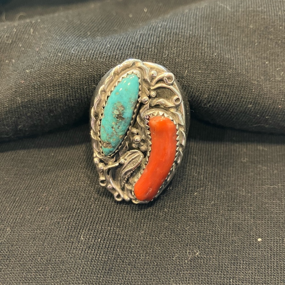 Genuine turquoise and coral Native American ring. .926 sterling silver